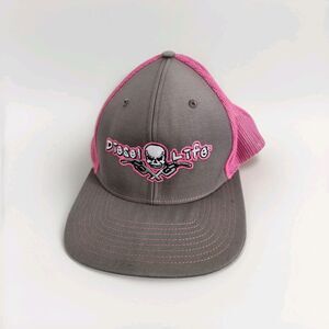 Richardson 112 Diesel Life Embroidered Skull Trucker Hat Gray Pink Mesh Back EUC